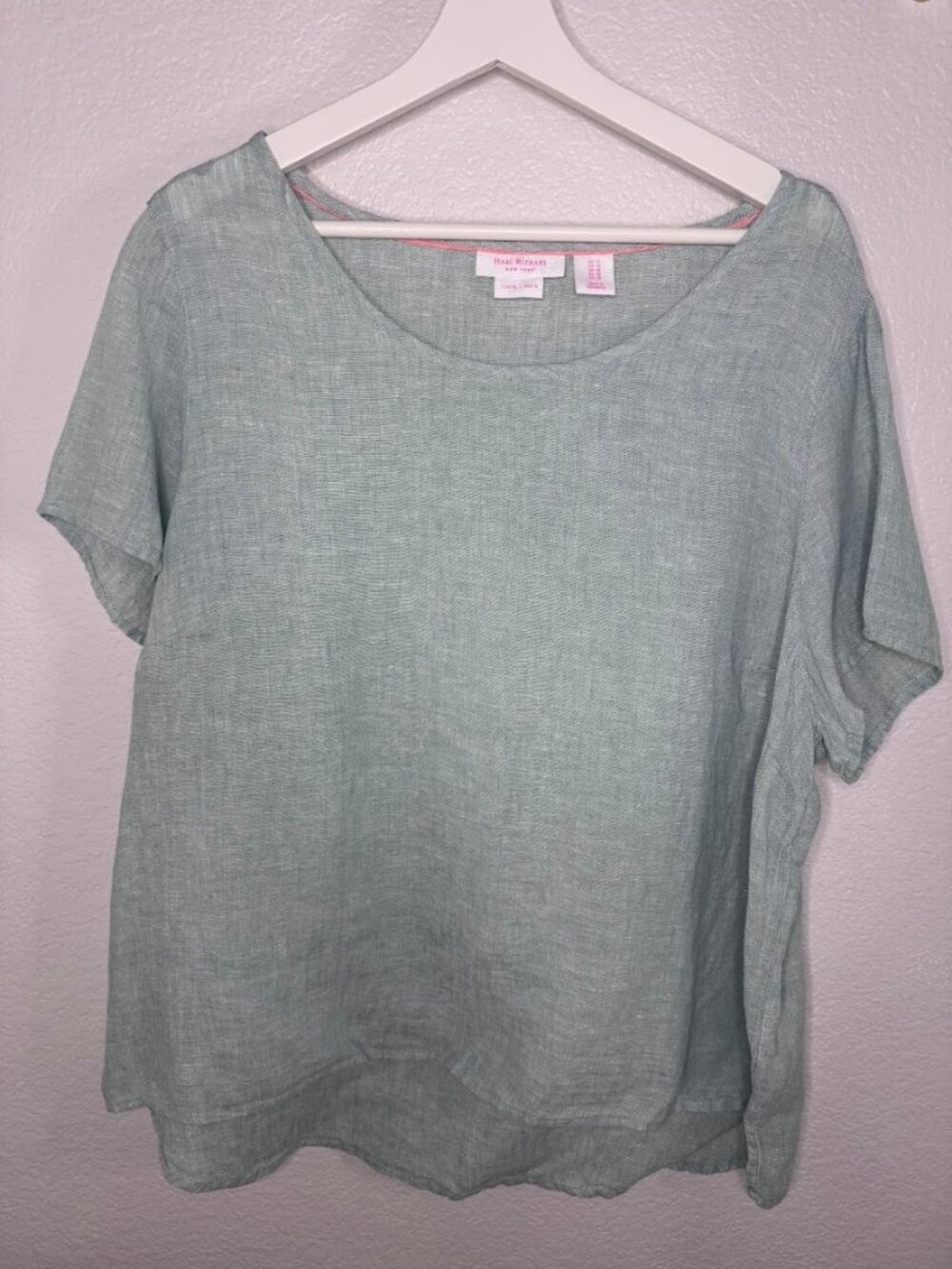 Isaac Mizrahi New York 100% Linen Pae Blue Green Short Sleeve Top - Plus Size 1X